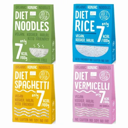 Makaron Konjac Bio Organic Diet Noodles 300 g + Makaron Konjac Bio Organic Diet Rice 300 g + Makaron Konjac Bio Organic Diet Spaghetti 300 g + Makaron Konjac Vermicelli 385 g (300 g) Bio - Diet-Food