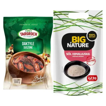 Daktyle Suszone Bez pestek 1 kg Flowpack - Targroch + Sól Himalajska Różowa Drobna 2,2 kg - Big Nature