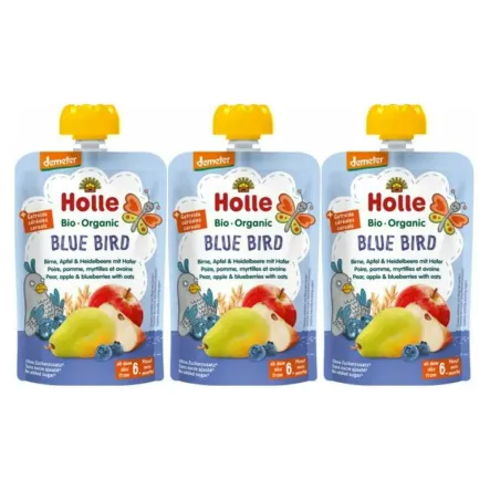 3 x Mus Owocowy Niebieski Ptak (Gruszka, Jabłko, Jagoda, Owies) Bez Dodatku Cukru Bio Demeter 100 g - Holle