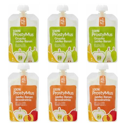 3 x Prosty Mus - Gruszka, Jabłko, Banan 100 g - Menii + 3 x Prosty Mus - Jabłko, Banan, Brzoskwinia 100 g - Menii