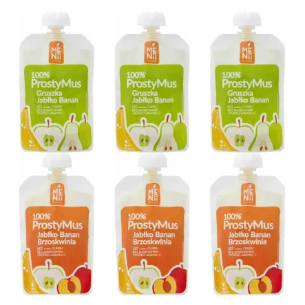 3 x Prosty Mus - Gruszka, Jabłko, Banan 100 g - Menii + 3 x Prosty Mus - Jabłko, Banan, Brzoskwinia 100 g - Menii