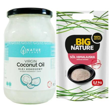 Olej Kokosowy Nierafinowany Virgin 100% Tłoczony na Zimno 900 ml - Natur Planet + Sól Himalajska Różowa Drobna 2,2 kg - Big Nature