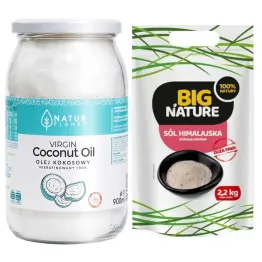 Olej Kokosowy Nierafinowany Virgin 100% Tłoczony na Zimno 900 ml - Natur Planet + Sól Himalajska Różowa Drobna 2,2 kg - Big Nature