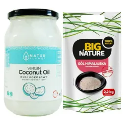 Olej Kokosowy Nierafinowany Virgin 100% Tłoczony na Zimno 900 ml - Natur Planet + Sól Himalajska Różowa Drobna 2,2 kg - Big Nature