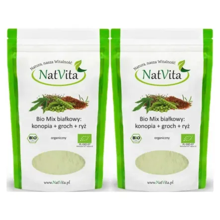 2 x Bio Białko Mix: Konopia + Groch + Ryż 300 g - Natvita -  Odżywka Białkowa z ryżu grochu i konopii