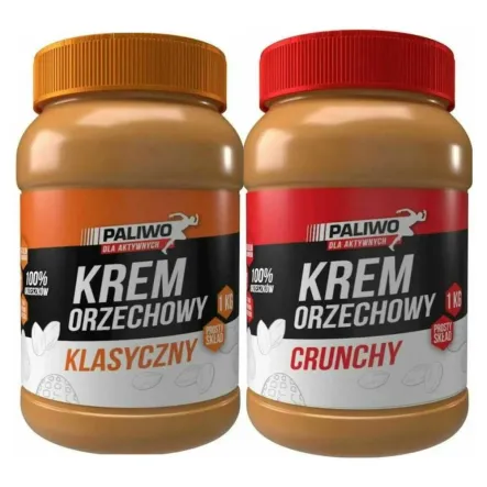 Krem Orzechowy Klasyczny 100% Bez Dodatku  Soli i Cukru 1 kg - Paliwo Dla Aktywnych + Krem Orzechowy Crunchy 100% Bez Dodatku Soli i Cukru 1 kg - Paliwo dla Aktywnych
