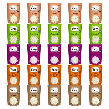 25 x Makaron Konjac KETO CHEF = 5 x Makaron Konjac Penne Bio 270 g (200 g) + 5 x Makaron Konjac Thai Style Bio 270 g (200 g) + 5 x Makaron Konjac Angel Hair Bio 270 g (200 g) + 5 x Makaron Konjac w Kształcie Ryżu (Sticky Rice) do Sushi 200 g + 5 x KETO Ma