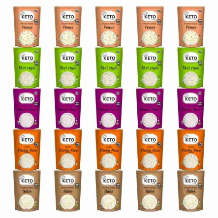 25 x Makaron Konjac KETO CHEF = 5 x Makaron Konjac Penne Bio 270 g (200 g) + 5 x Makaron Konjac Thai Style Bio 270 g (200 g) + 5 x Makaron Konjac Angel Hair Bio 270 g (200 g) + 5 x Makaron Konjac w Kształcie Ryżu (Sticky Rice) do Sushi 200 g + 5 x KETO Ma