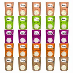 25 x Makaron Konjac KETO CHEF = 5 x Makaron Konjac Penne Bio 270 g (200 g) + 5 x Makaron Konjac Thai Style Bio 270 g (200 g) + 5 x Makaron Konjac Angel Hair Bio 270 g (200 g) + 5 x Makaron Konjac w Kształcie Ryżu (Sticky Rice) do Sushi 200 g + 5 x KETO Ma