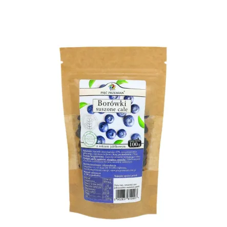 Borówki Suszone Całe z Sokiem Jabłkowym 100 g  Pięć Przemian - Przecena Krótka Data Minimalnej Trwałości
