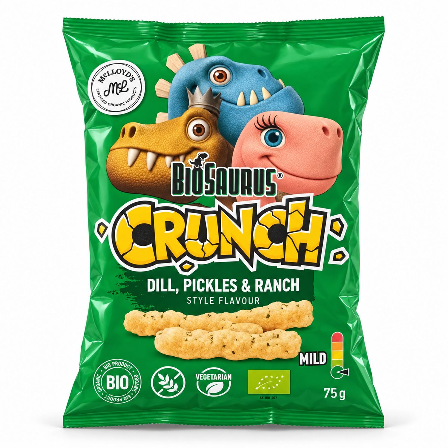 Chrupki Kukurydziane Crunch Koperek, Pikle i Ranch Bezglutenowe BIO 75 g - McLloyd's Biosaurus