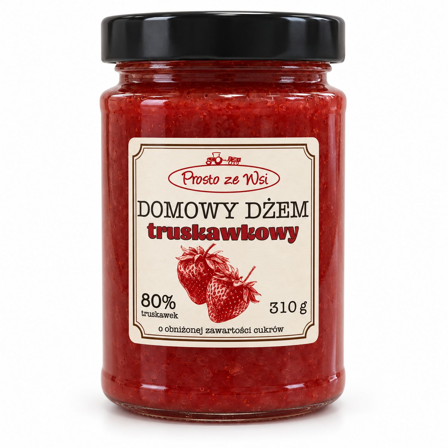 Dżem Truskawkowy o Obniżonej Zawartości Cukrów 80% Owoców 310 g - Prosto ze Wsi