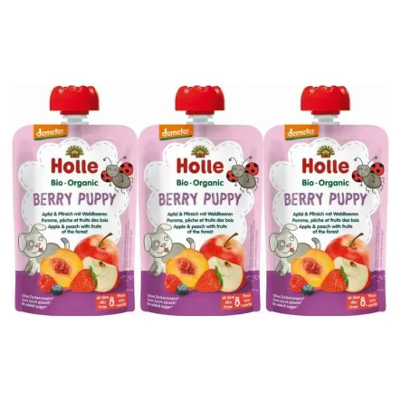 3 x Mus Owocowy Jagodowy Piesek Jabłko Brzoskwinia Owoce Leśne Bio 100 g - Holle