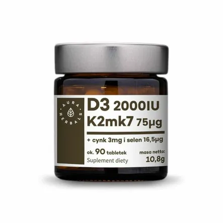 Witamina D3 K2MK7 2000 UI 75 ug + Cynk i selen 10,8 g 90 Tabletek Aura Herbals