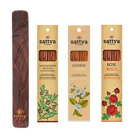 Zestaw Podstawka Pod Kadzidło 25 cm + Kadzidło Indyjskie - Jaśmin 15 Sztuk (30 g) + Kadzidło Indyjskie - Drzewo Sandałowe 15 Sztuk (30 g) + Kadzidło Indyjskie - Róża 15 Sztuk (30 g) Sattva