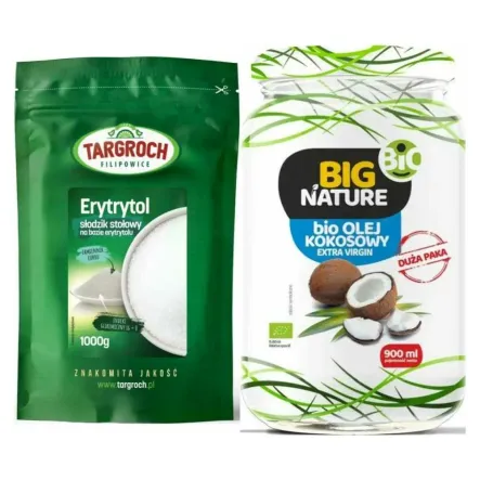Erytrol (Erytrytol) 1 kg - Targroch + Olej Kokosowy Extra Virgin Nierafinowany Zimnotłoczony Bio 900 ml - Big Nature