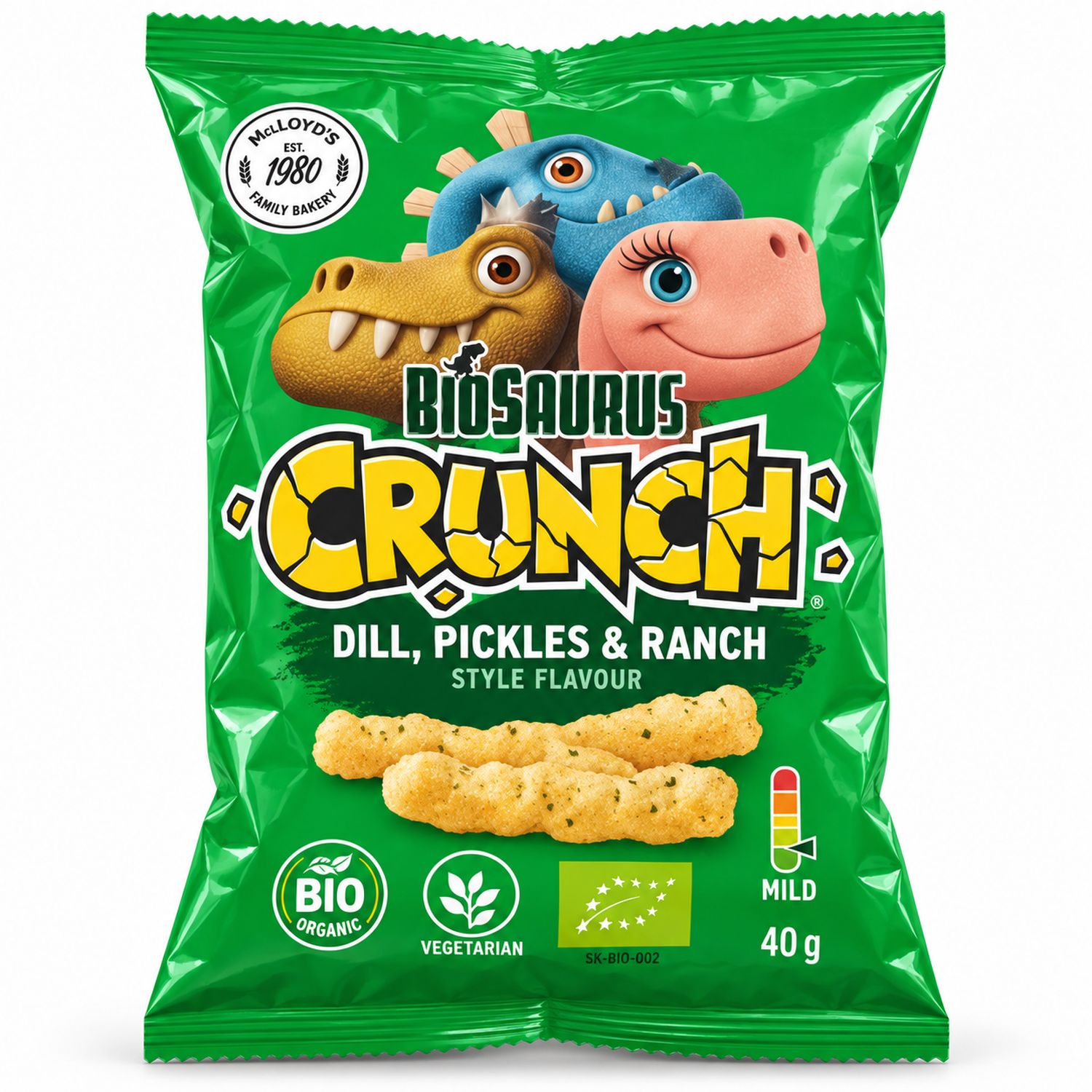 Chrupki Kukurydziane Crunch Koperek, Pikle i Ranch Bezglutenowe BIO 40 g - McLloyd's Biosaurus