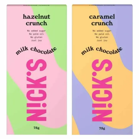 Czekolada Mleczna z Orzechami Laskowymi Hazelnut Crunch 75 g - Nicks + Czekolada Mleczna z Karmelem Caramel Crunch 75 g - Nicks