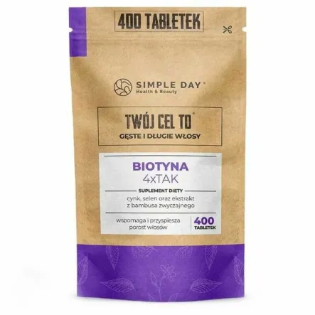 Biotyna 4xTak Twój Cel To: Długie i Gęste Włosy 400 Tabletekx 2,5 mg Biotyny - Simple Day