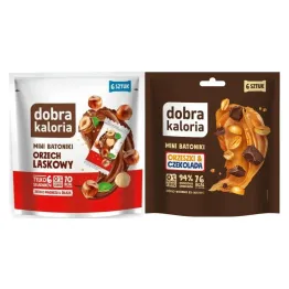 Mini Batoniki Orzech Laskowy z Czekoladą 108 g (6x 18 g) + Mini Batoniki Orzeszki i Czekolada Bez Dodatku Cukru 108 g (6x 18 g) - Dobra Kaloria