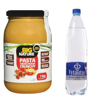 Zestaw Pasta Orzechowa Crunchy 1 kg - Big Nature + Woda Mineralna Gazowana 1 l - VYTAUTAS
