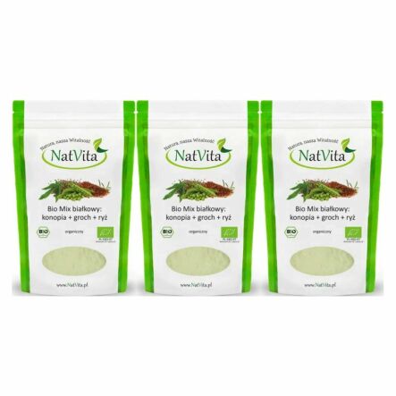 3 x Bio Białko Mix: Konopia + Groch + Ryż 300 g - Natvita -  Odżywka Białkowa z ryżu grochu i konopii
