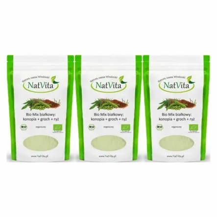 3 x Bio Białko Mix: Konopia + Groch + Ryż 300 g - Natvita -  Odżywka Białkowa z ryżu grochu i konopii