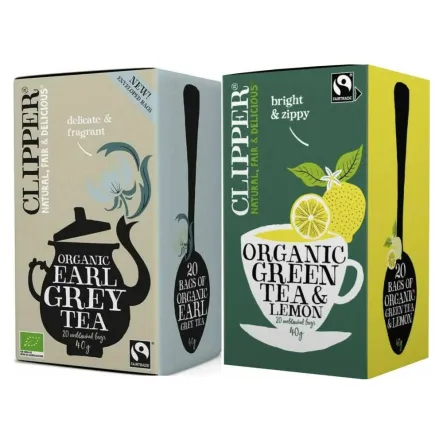 Herbata Czarna Earl Grey Fair Trad Bio 40 g (20x 2 g) + Herbata Zielona z Cytryną Fair Trade Bio 40 g (20x 2 g) - Clipper