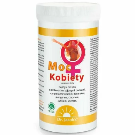 MOC KOBIETY (Fitohormony Sojowe, Kompleks Witamin, Cynk, Selen, Mangan, Chrom, Wyciągi z Jagód i Owoców) 333 g - Dr. Jacob's
