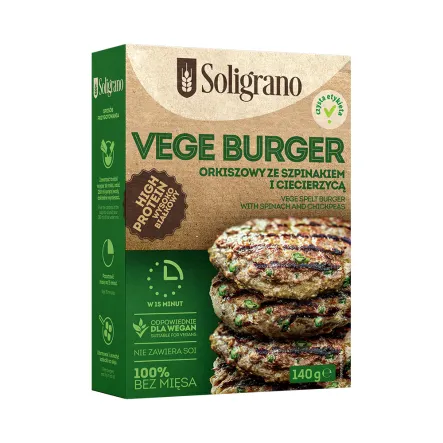 Vege Burger Orkiszowy ze Szpinakiem i Ciecierzycą 140 g - Soligrano - Przecena Krótka Data Minimalnej Trwałości