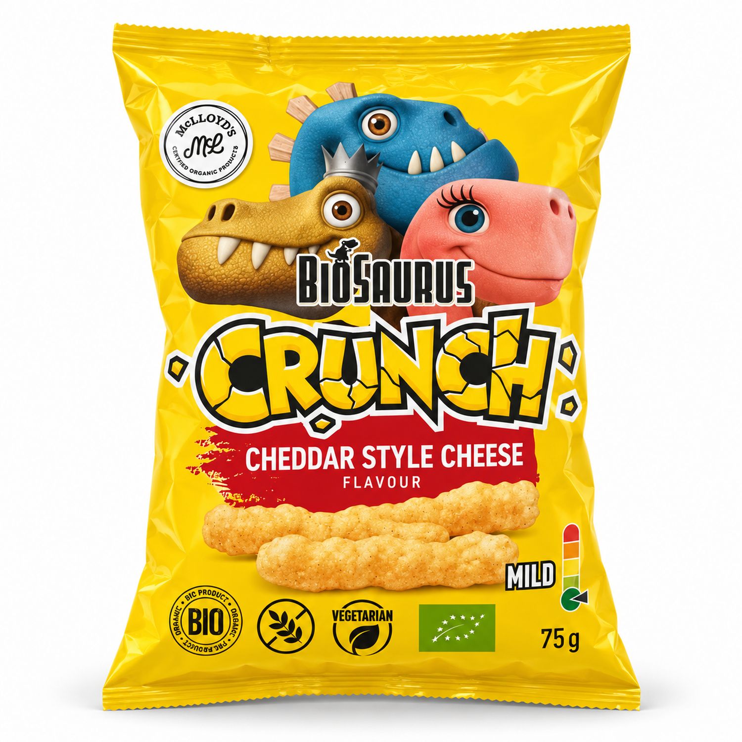 Chrupki Kukurydziane Crunch o Smaku Sera w Stylu Cheddar Bezglutenowe BIO 75 g - McLloyd's Biosaurus