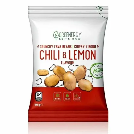 Chipsy z Bobu Chilli z Cytryną 60 g - Greenergy - Przecena Krótka Data Minimalnej Trwałości