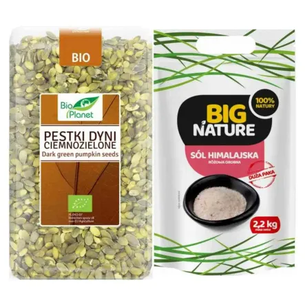 Pestki Dyni Ciemnozielone Bio 1 kg Bio Planet + Sól Himalajska Różowa Drobna 2,2 kg - Big Nature