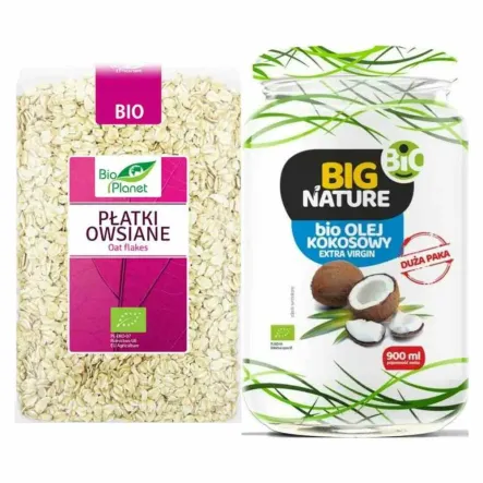 Płatki Owsiane Bio 1 kg  - Bio Planet + Olej Kokosowy Extra Virgin Nierafinowany Zimnotłoczony Bio 900 ml - Big Nature