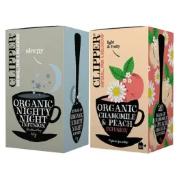 Herbatka z Rumiankiem i Melisą Nighty Night Bio 40 g (20x 2 g)  + Herbatka Rumiankowa o Smaku Brzoskwiniowym Bio 30 g (20x 1,5 g) - Clipper