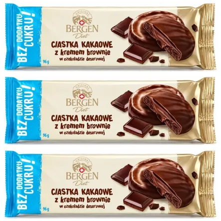 3 x Ciastka Kakaowe z Kremem Brownie w Czekoladzie Deserowej Bez Dodatku Cukru 96 g - Bergen