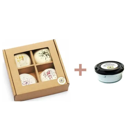 Zestaw Musujących Kul do Kąpieli OWOCOWY 320 g (4 x 80 g) - Miodowa Mydlarnia + Masło do Twarzy i Ciała DLA KRÓLEWNY 30 g - Miodowa Mydlarnia