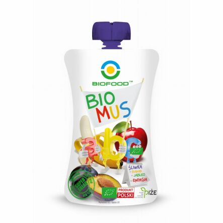 Mus Śliwkowo - Bananowo - Jabłkowy Bio 90 g -  Bio Food - Przecena Krótka Data Minimalnej Trwałości