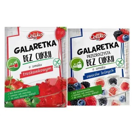 Zestaw Galaretka Przezroczysta  o Smaku Owoców Leśnych 14 g +  Galaretka o Smaku Truskawkowym 14 g - Celiko Bez Dodatku Cukru Bezglutenowa