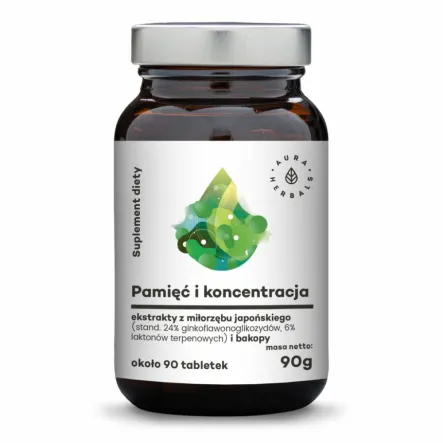 Pamięć i Koncentracja - Ginko Biloba + Bacopa 90 g około 90 Tabletek - Aura Herbals