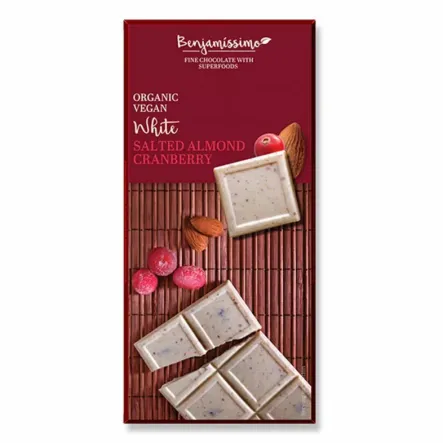 Czekolada Wegańska Biała z Solonymi Migdałami i Żurawiną Bezglutenowa Bio 70 g  Benjamissimo - Przecena Krótka Data Minimalnej Trwałości