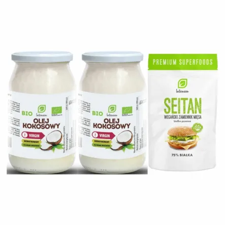 Zestaw 2 x  Olej Kokosowy Virgin Nierafinowany Bio 900 ml Intenson + Seitan - Białko Pszenne 150 g - Intenson