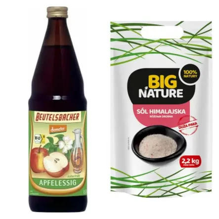 Niepasteryzowany Ocet Jabłkowy Niefiltrowany Bio 750 ml Demeter + Sól Himalajska Różowa Drobna 2,2 kg - Big Nature