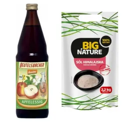 Niepasteryzowany Ocet Jabłkowy Niefiltrowany Bio 750 ml Demeter + Sól Himalajska Różowa Drobna 2,2 kg - Big Nature