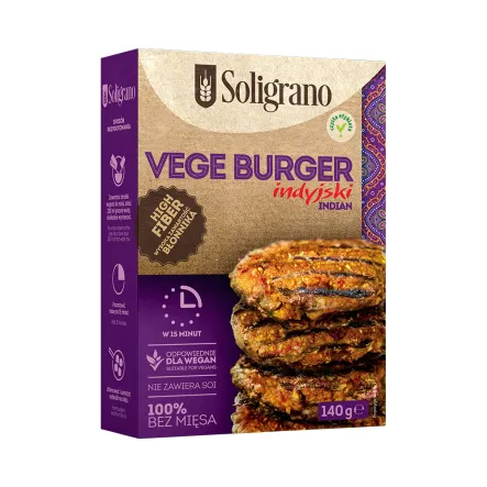 Vege Burger Indyjski 140 g - Soligano - Przecena Krótka Data Minimalnej Trwałości