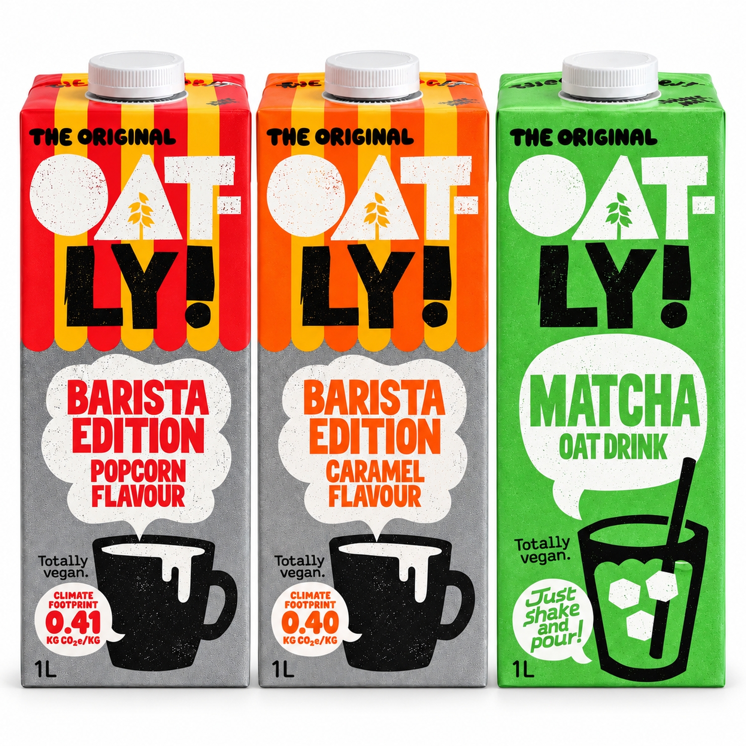 Zestaw 3 Napojów Owsianych Oatly 1L: Barista Popcorn, Barista Karmel i Matcha z Wapniem