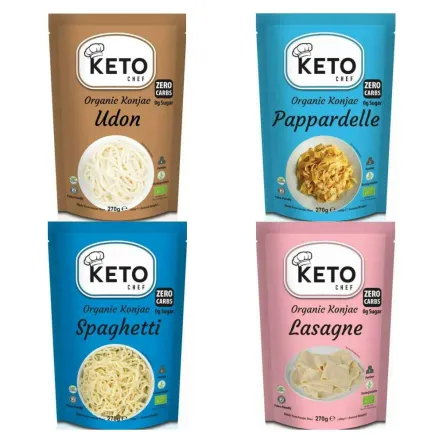 KETO Makaron Konjac UDON Bio 270/200 g + Makaron Keto (Konjac Typu Noodle Pappardelle) Bio 270 g (200 g) + Makaron Keto (Konjac Typu Noodle Spaghetti) Bio 270 g (200 g) + Makaron Keto (Konjac Typu Noodle Lasagne)  Bio 270 g (200 g)  - Keto Chef