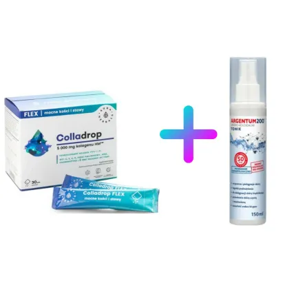 Zestaw Colladrop Flex Kolagen Morski 5000 mg 30 Saszetek - Aura Herbals + Argentum 200 Srebro Koloidalne 50 ppm Aerozol 150 ml - Aura Herbals