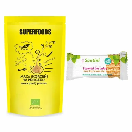 Maca (Korzeń) W Proszku Bio 150 G - Bio Planet + Sezamki Bez Dodatku Cukru z Ksylitolem i Maltitolem 27 g - Santini