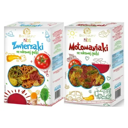 Makaron Kids Pięciosmakowy Zwierzaki ze Zdrowej Paki 250 g + Makaron Pszenny 5 Smaków Dla Dzieci Motomaniaki 250 g - Bartolini